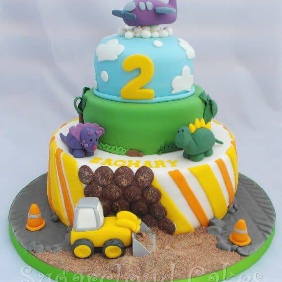 Digger, Dinosaur and Plane Birthday Cake