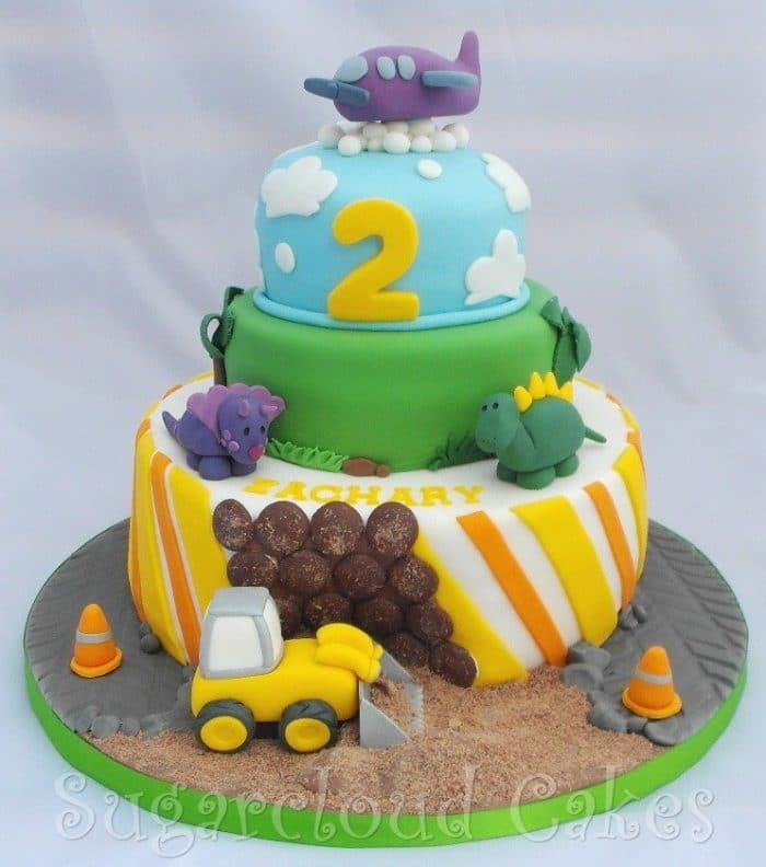 Digger, Dinosaur and Plane Birthday Cake
