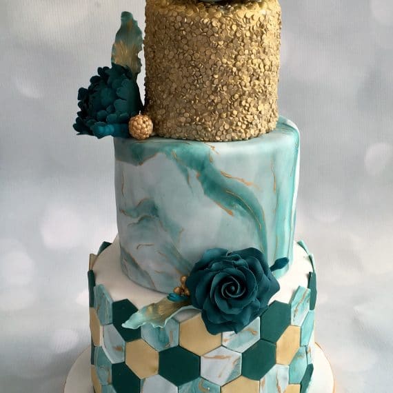 Teal and Gold Tiered Wedding Cake