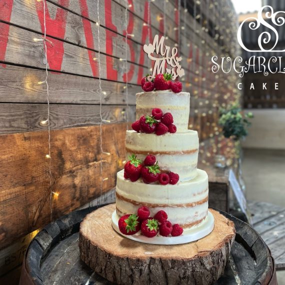 A White Chocolate and Raspberry Sponge Wedding Cake, Grange Barn
