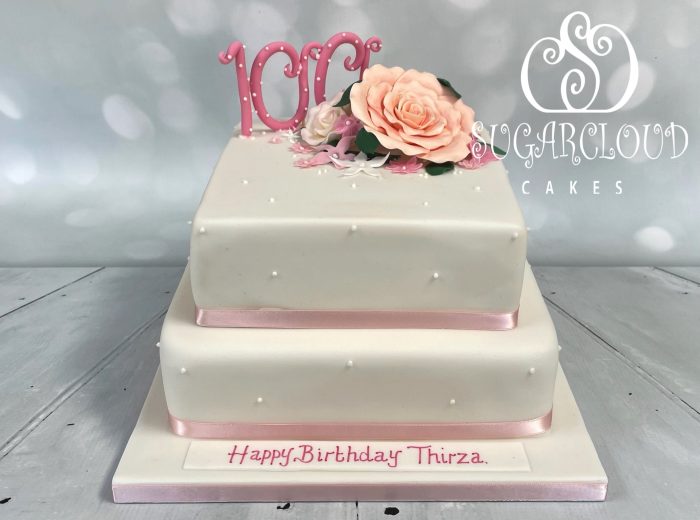 A Pearl and Floral Themed 100th Birthday Cake, Worleston